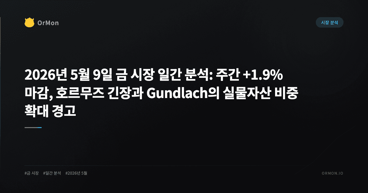 2026년 5월 9일 금 시장 일간 분석: 주간 +1.9% 마감, 호르무즈 긴장과 Gundlach의 '실물자산 비중 확대' 경고